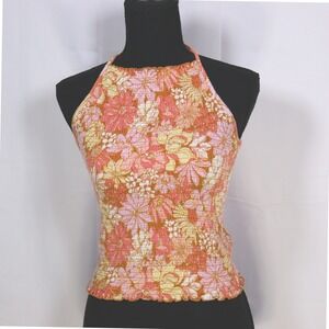 Billabong Halter Top Womens Small Orange Floral Smocked Lettuce Edge Beachy Boho